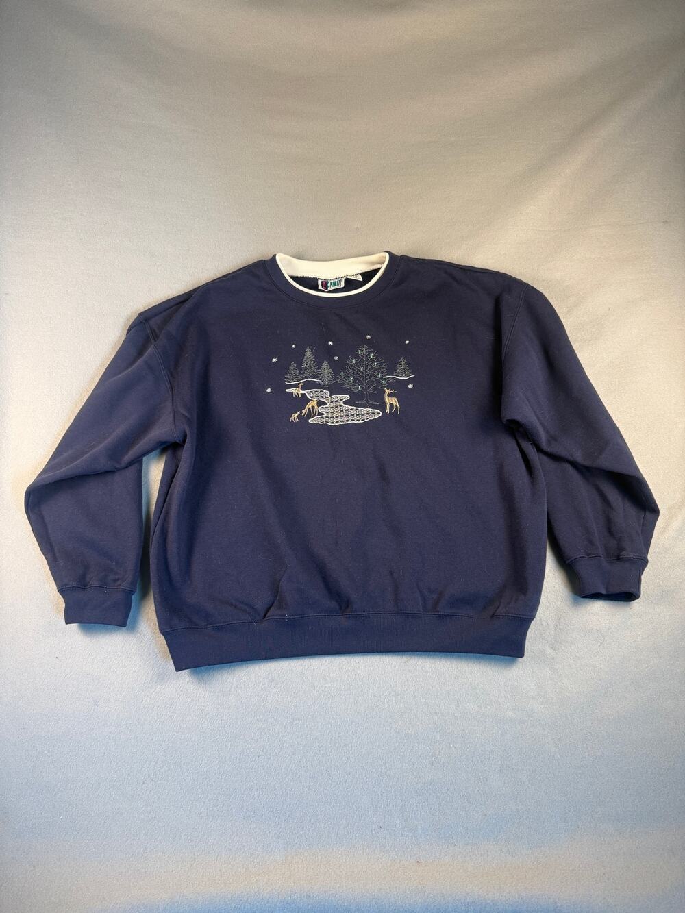 Vintage Bold Spirit Sweatshirt Adult XL Blue Deer Winter Snowflake Embroidered
